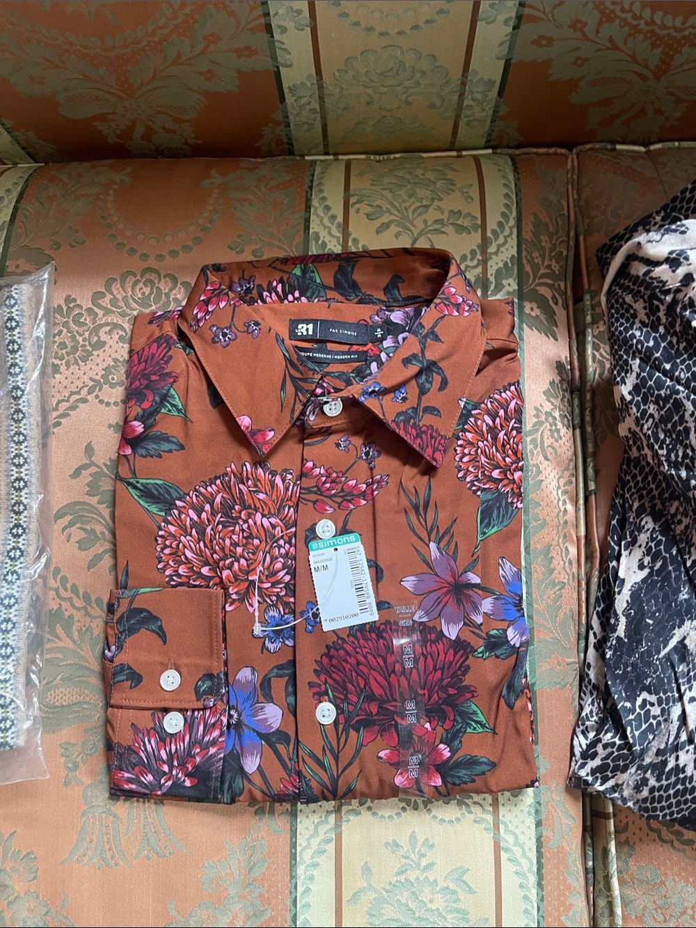 Men's Floral Button-Down Shirt in Rust with Pink & Purple Blooms